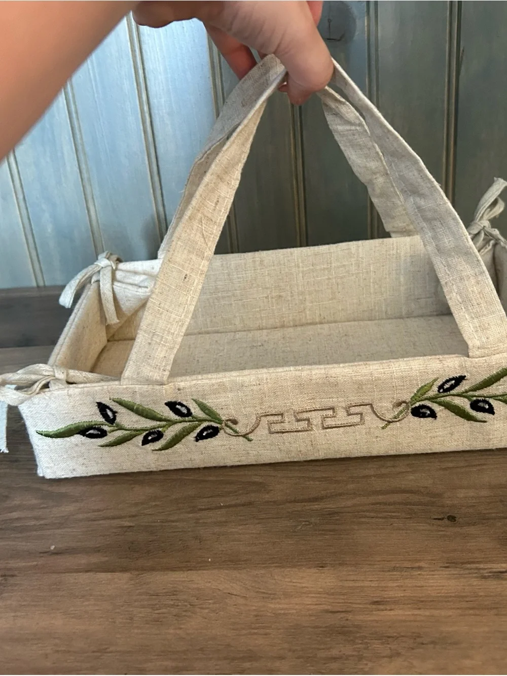 Neutral Embroidered Linen Tray with Olive Leaf Accent